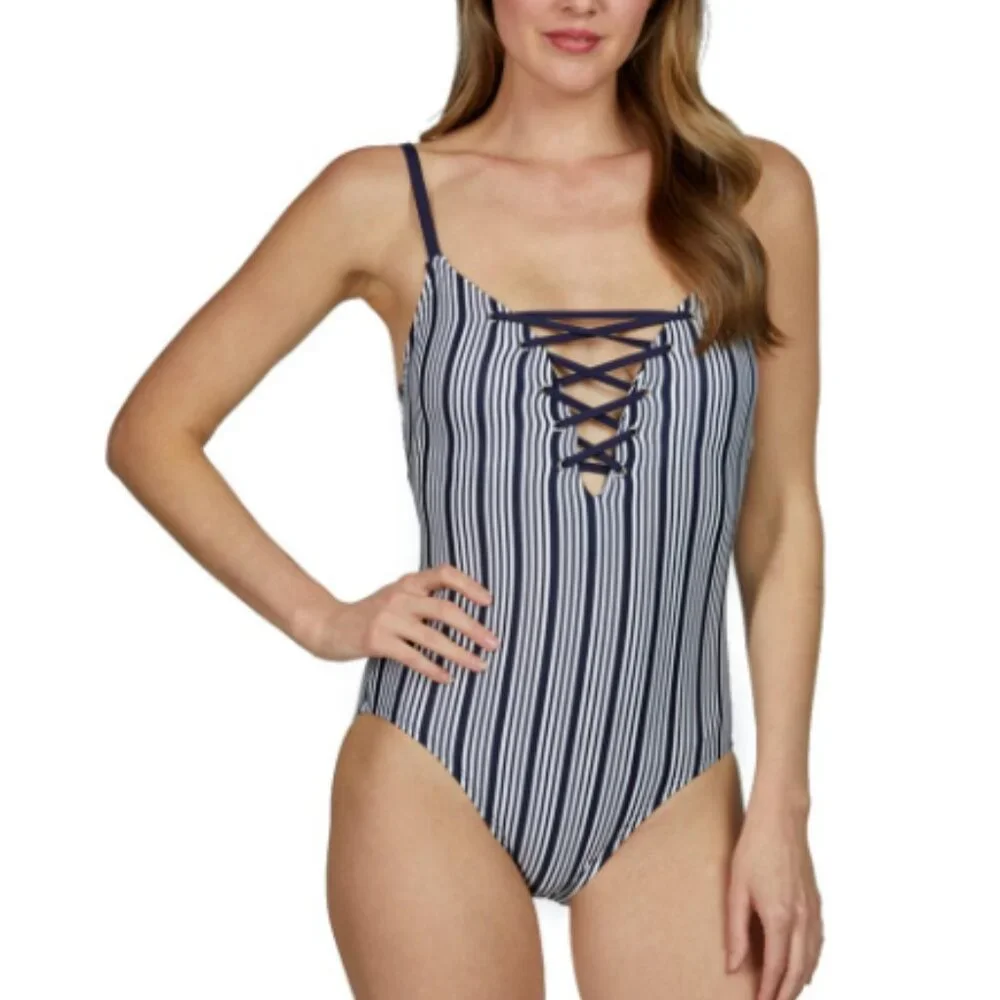 NWT Nautica Slimming Striped Adj. Straps 1-Piece Swimsuit Blue SZ SMALL Cruise